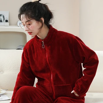 QSROCIO Kış Fermuarlı kadın Mercan Kadife Pijama Seti Basit Kalınlaşmak Yumuşak Uzun Kollu Gecelik Moda Rahat Pijama Sıcak