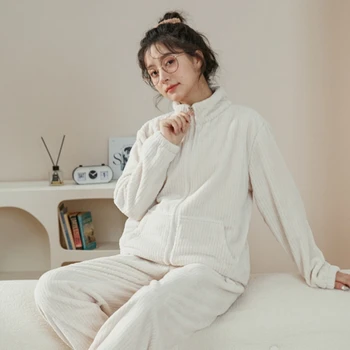 QSROCIO Kış Fermuarlı kadın Mercan Kadife Pijama Seti Basit Kalınlaşmak Yumuşak Uzun Kollu Gecelik Moda Rahat Pijama Sıcak