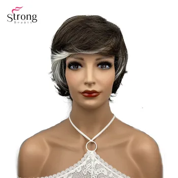 StrongBeauty kadın Doğa Kısa Peruk Saç Sentetik Kahverengi / Beyaz Golleri Peruk