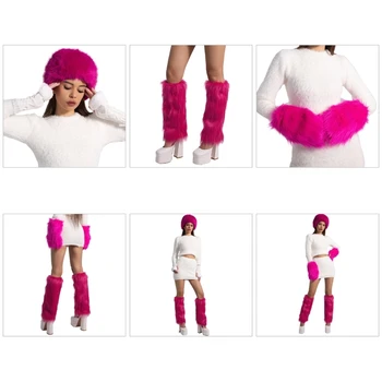 Kürklü bacak ısıtıcıları Y2K bot paçaları Kapak Pembe Şapka Kostüm Kız Cosplay bilek Eldiven Japon Y2K Pembe Şapka