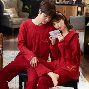 Sonbahar O-Boyun Loungewear Pijama PJ Pijama Setleri Takım Elbise Bahar Örme Uyku Eşleşen Düğün Pijama Erkek Çift Pijama
