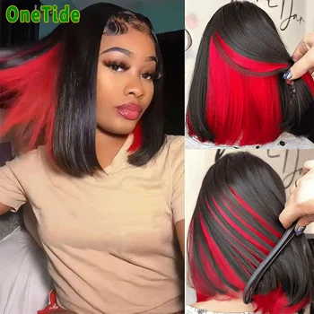 Kırmızı Bob peruk insan saçı Düz Siyah Kırmızı Bob 13x4 Şeffaf Dantel Peruk Kadınlar için Çoklu Peekaboo İki Ton Renkli