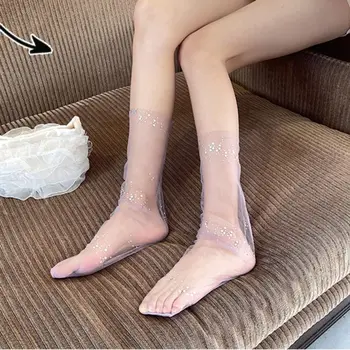 Kadınlar Şeffaf Parlak Kristal Çorap Dantel Elastik Orta Tüp Bayanlar Rhinestone See Through Örgü Çorap