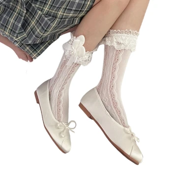 Diz üstü çorap Dantel fırfır etekli Çorap Lolitas Bale Yay Buzağı Çorap 37JB