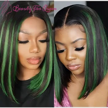HD Şeffaf Dantel ön peruk 150 Yoğunluk Vurgulamak Yeşil Renkli İnsan Saçı Kısa Düz Bob Peruk sırma ön peruk Kadınlar İçin